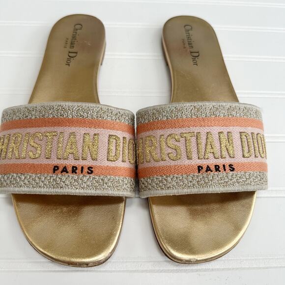 Christian Dior Dway 52K Platinum Gold Embroidered Logo Slide Mule Flat Sandal - Picture 3 of 8